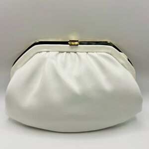 Vintage White Clutch Purse w/ Strap Gold Frame Pleated 70s Evening Bag